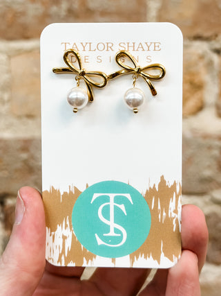 simple pearl bow drop taylor shaye earrings