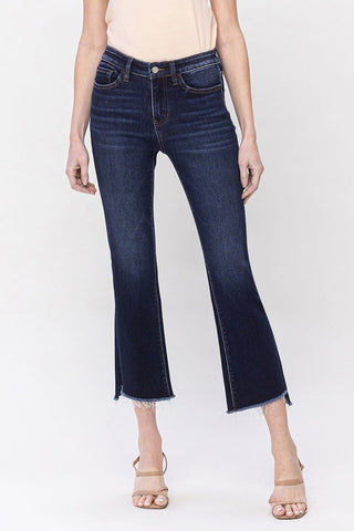 HIGH RISE RAW STEP HEM CROP FLARE JEANS